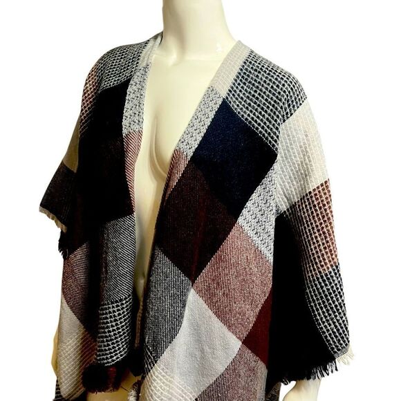 Plaid Knit Poncho Sweater Black Brown Cream Gray by LOFT OS - Picture 2 of 7